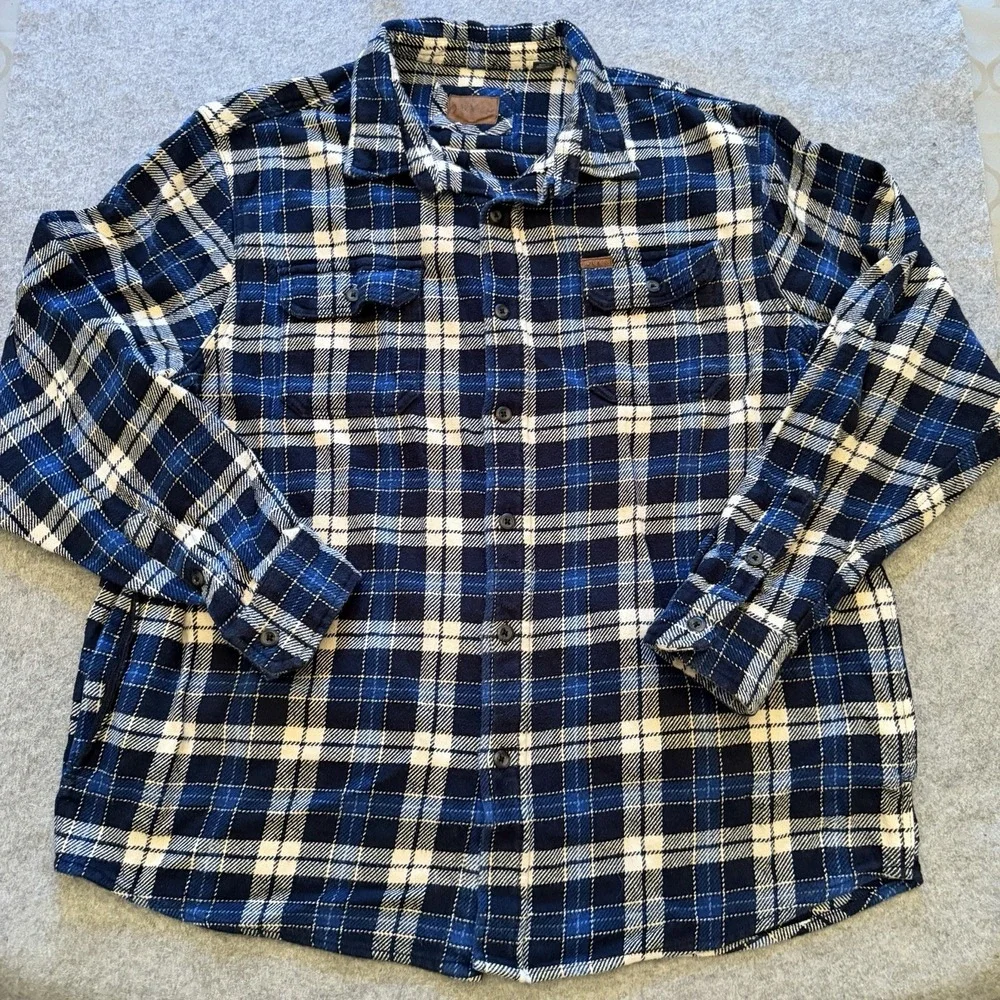 ORVIS Men's Heavy Weight Flannel Blue White Plaid Pockets Outdoors Workwear XXL